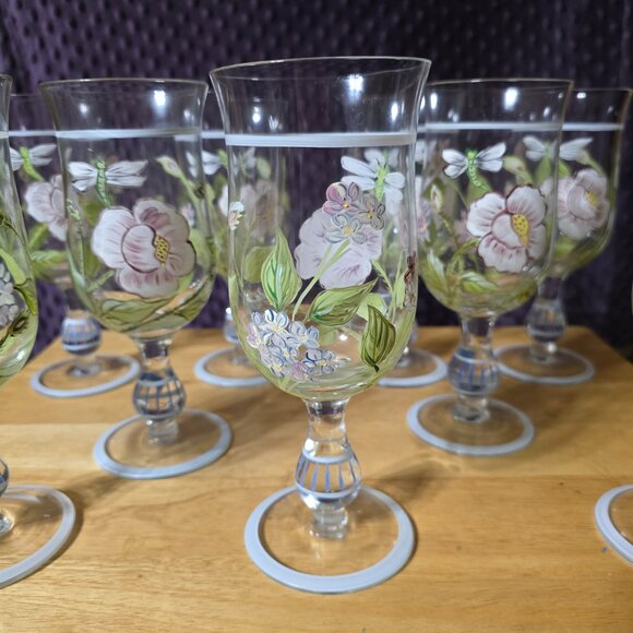 TRACY PORTER ( 9 ) HAND PAINTED Glass Wine Goblets Flowers Dragonfly - Picture 1 of 5